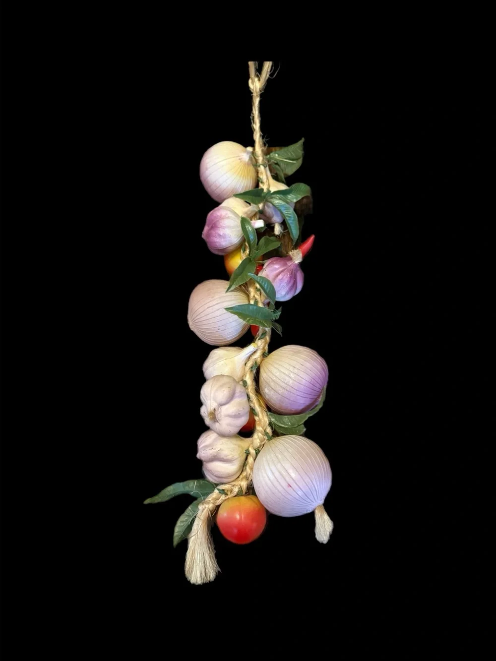 Vintage Funky 70'S Plastic Vegetable Hanging Decor Onions, Garlic, Peppers 21”